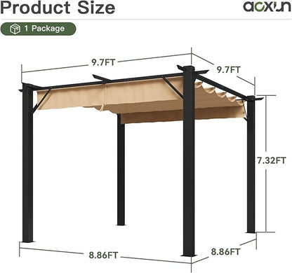 Aoxun 10'x10' Outdoor Pergola, Patio Aluminum Pergola with Upgraded Retractable Canopy, Heavy Duty Metal Pergolas and Gazebos with Adjustable Sun Shade Cover for Modern Backyard, Deck, Garden
