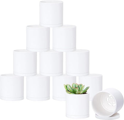 Planters: 12 Matte White Plastic Pots with Drainage Holes and Saucers
