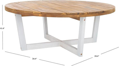 SAFAVIEH Outdoor Collection Leo Natural/White Solid Wood Round Coffee Table