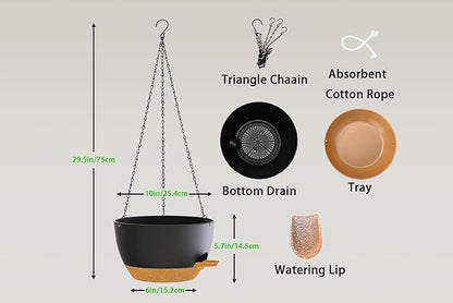 Hanging Planters, 3-Pack 10 Inch Self-Watering Pots with Drainage Holes and Chains, Matte Plastic Planters for Indoor/Outdoor Plant（Black Brown）