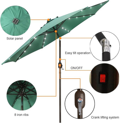 Blissun 9 ft Solar Umbrella, Patio Umbrella with 32 LED Lights, Outdoor Table Market Umbrella for Garden, Deck, Backyard (Seaglass)