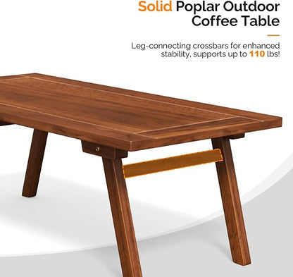 VINGLI Outdoor Folding Coffee Table, Natural Poplar Wood Patio Coffee Table, No Assembly Required, Ideal for Balcony, Porch, and Living Room, Rectangle, Natural