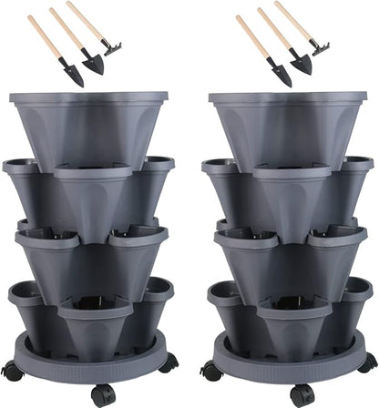 DUNCHATY Stackable Planter, Vertical Garden Planter with Wheels and Tools, Self Watering Strawberry Planter Indoor/Outdoor 4 Tier Herb Planter Pots for Growing Vegetables and Succulents, Dark Gray
