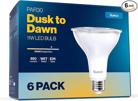 Sunco 6 Pack LED PAR30 Dusk to Dawn Light Bulb for Outside Porch, Patio, Backyard, 11W=75W, 850 LM, 5000K Daylight , Non-Dimmable, Photocell Sensor, UL