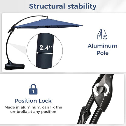 Grand patio 12FT Outdoor Offset Umbrella with Base & Cover Patio Aluminum Round Cantilever Umbrella for Garden Deck Poolside (Navy Blue, 12 FT)