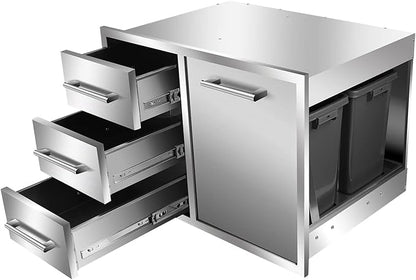 Outdoor Kitchen Drawer Combo, BBQ Access Trash Drawer Combo with Triple Stainless Steel Drawers(Left), Outdoor Kitchen for BBQ Island, Grilling Station, Outside Cabinet (28" W x 19.6“D x 20.1" H)