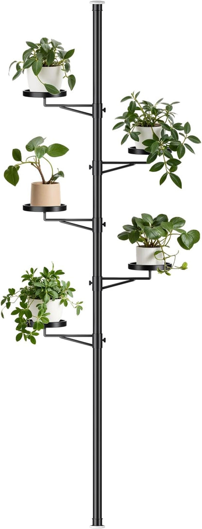 Tension Rod Plant Stand, 5 Tier Tension Pole Plant Stand with 5 Metal Trays, Plant Poles for Hanging Plants Indoor, Floor to Ceiling Plant Pole Hanging Plant Stand