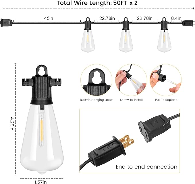 String Lights 100 ft Outdoor LED with 53 Vintage Edison Bulbs