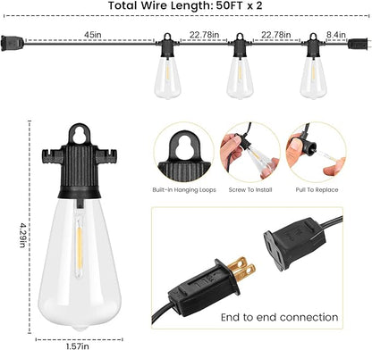 String Lights 100 ft Outdoor LED with 53 Vintage Edison Bulbs