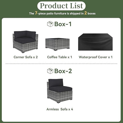 Aoxun 7 Piece Patio Furniture Set Wicker Rattan Patio Conversation Set Outdoor Sectional Sofa Set with Coffee Table and Thickened Cushions, Grey/Black(Waterproof Cover Included)