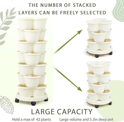 Umigy 2 Set Ivory 2 Set of 7 Tier Stackable Vertical Planters with Removable Wheels and Tools Tower Planters Strawberry Herb Flower Vegetable Pots Indoor Outdoor Gardening Pots
