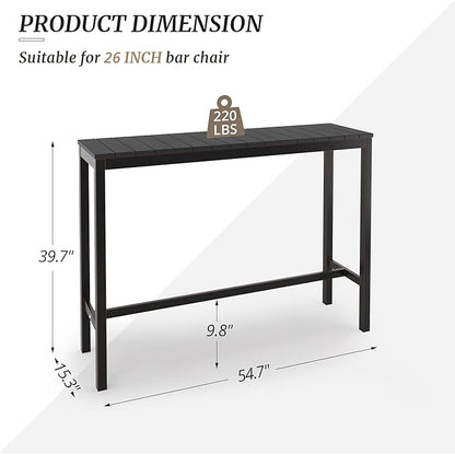 Outdoor Bar Table, 55" Patio Bar Height Counter Console Table, Black Waterproof HDPS Slatted Top and Bronze Leg, Weather Resistant, Hot Tub, Balcony, Yard, Indoor or Outdoor Use