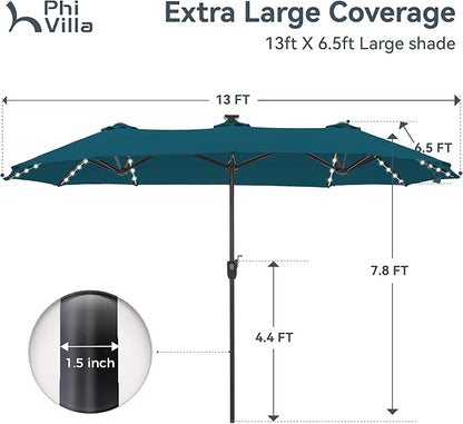 PHI VILLA 13ft Patio Umbrella with Solar-Powered 120 PCS LED Color-Changing Lights, Triple-Head Large Rectangle Umbrella Outdoor Patio for Table with Crank Lift,Cyan(No Base)