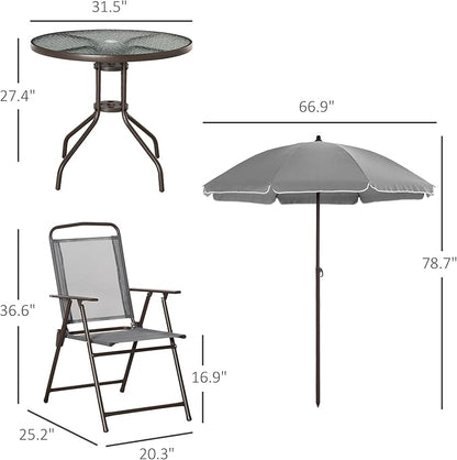 Outsunny 6 Piece Patio Dining Set for 4 with Umbrella, Outdoor Table and Chairs with 4 Folding Dining Chairs & Round Glass Table for Garden, Backyard and Poolside, Gray