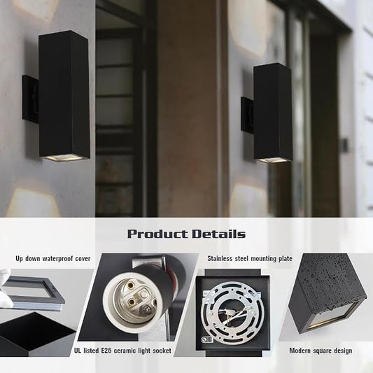 Outdoor Wall Lights, Matte Black Aluminum Up Down Sconce, 2 Pack