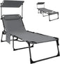 KingCamp Tanning Chair with Face Hole, Lounge Chairs Outdoor Folding Comfy Adjustable 5-Position Foldable Chaise Chaser with Canopy Shade for Outside Beach Patio Sun Bathing Pool, Grey