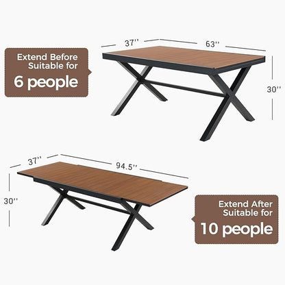 Grand patio 9-Piece Outdoor Dining Set, 8 Leather-Look Wicker Blue Swivel Patio Chairs & 1 Extendable Rectangular Dining Table, Brown