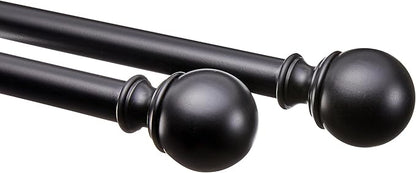 Amazon Basics Adjustable Curtain Rod for Windows, Round Finials, Easy Installation, Sturdy, 1-Inch Rod, 36" to 72", Black, 2-Pack