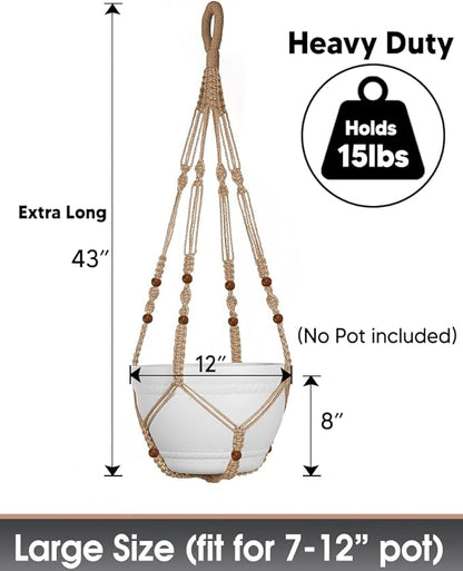 43 Inches Macrame Planter Hanger Large for 12 inch Pot + Swag Hook (Extra Long & Big) | Large Hanging Planter for Indoor Plants | No Tassel, Cotton Rope, NO Pot/Plant Included (Jute)(XL)