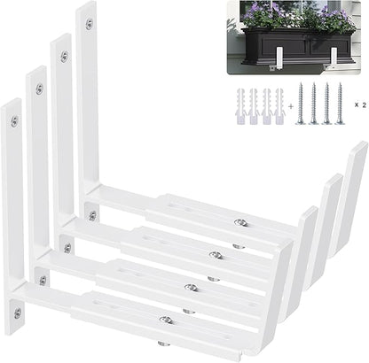 Y&M 4 Pack Adjustable Planter Box Brackets (6 to 12.5 in), Universal Window Box Brackets, Heavy Duty Iron Flower Box Wall Mounting Hooks for Balcony, Fences, Patio, and Garden - White