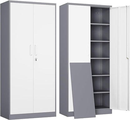 Yizosh Metal Garage Storage Cabinet with 2 Doors and 5 Adjustable Shelves - 71" Steel Lockable File Cabinet,Locking Tool Cabinets for Office,Home,Garage,Gym,School (Gray White)