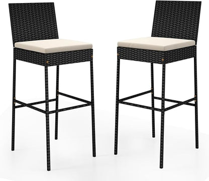 HAPPYGRILL Wicker Patio Barstools Set of 2, Outdoor Rattan Bar Chairs with Footrest & Backrest, Armless High Top Chairs with Seat Cushions for Backyard, Balcony