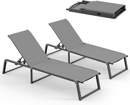 Aluminum Chaise Lounge Chair Outdoor Set of 2, Foldable & No Assembly Pool Lounge Chairs 5-Position Recliner for Outside Poolside, Fully Grounded Legs Sun Lounger for Patio, Beach, Dark Grey