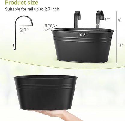 Dahey 10.5 Inch Metal Iron Hanging Flower Pots for Railing Fence Hanging Bucket Pots Countryside Style Outdoor Planter Window Flower Plant Holder with Detachable Hooks Home Decor, Black,4 Pcs