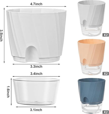 KIMCHOMERSE Self Watering Plant Pots, 4.7 Inch Plant Pots 6-Pack Indoor Planter Pots with Drainage Holes and Tray for Home Decor（2White, 2Pink, 2Blue）