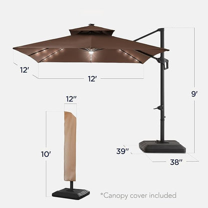 Best Choice Products 12x12ft LED Cantilever Patio Umbrella w/Base Included & 360° Rotation, Large Solar Offset Hanging Outdoor Sun Shade for Deck, Backyard Table w/Stand & Lights – Brown