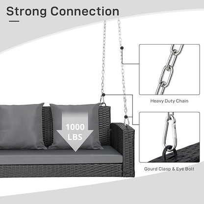 Outvita Porch Swing, 5FT Hanging Outdoor Porch Swings for Adults, Wicker 3 Person Patio Swing, with Cushion, Pillow and Chain for Garden, Backyard, Weight Capacity - 1000lbs