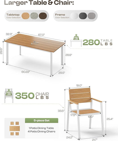 67"*32.3"*29.5" Patio Dining Table, Seamless Rectangle Aluminum + HDPS Outdoor Patio Dining Table with Umbrella Hole, Weather-Resistant for Lawn, Garden, Yard and Indoor Use (White & Teak)