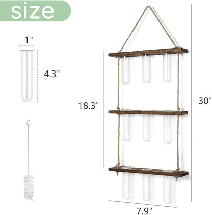 Mkono Plant Propagation Tubes, 3 Tiered Wall Hanging Terrarium with Wooden Stand Flower Vase Test Tube Glass Planter Stations for Hydroponic Cutting Home Garden Office Decor (Brown, Small)