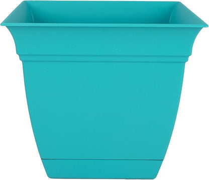 The HC Companies Eclipse Square Plastic Planter w/Attached Saucer - Outdoor & Indoor Plant Pot with Drainage Holes - Lightweight, UV-Resistant Plastic Pots for Plants (10" Teal, Pack of 1)