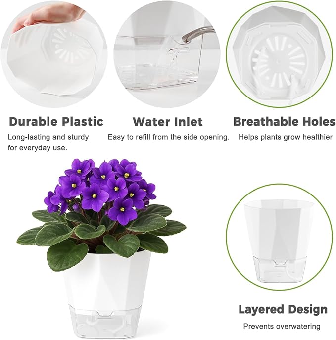 10 Pack Self Watering Pots for Indoor Plants, 6.7 Inches Self Watering Planters African Violet Pots Clear Pots for Herb Orchid Flower Houseplant, White