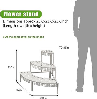 aboxoo 3 Tier Plant Stand Semi-Circular Flower Pot Organizer Rack Quarter Round Plant Display Holder Outdoor Storage Shelves Metal Corner Shelf Planter Shelving Ladder Plant Stand for Indoor