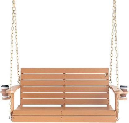 VINGLI Heavy Duty 1600 LBS HDPE Porch Swing Outdoor with Rotatable Cup Holder, 4 FT Patio Bench Swing with Adjustable Chains, 2 Person Hanging Porch Swing Chair for Porch, Yard, Tree, Garden - Teak