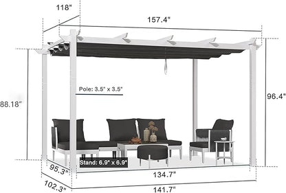 PURPLE LEAF 10' x 13' Aluminum Outdoor Pergola White Wind-Resistant Retractable Pergola with Double Sun Shade Canopy Heavy-Duty Metal Pergola for Patios Backyard Deck Garden, Grey