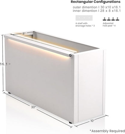 GSK 30" L White LED Metal Planter with Light Outdoor Illuminate Magnetic 3000K Lighting Strips Rectangular Flower Box Rectangle Trough Drainage Holes Indoor Patio Balcony Garden