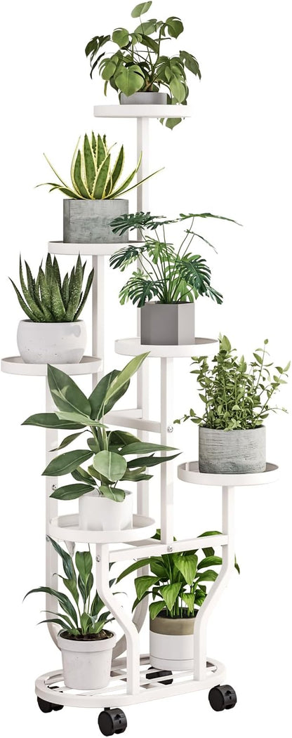 Plant Stand with Wheels 6 Tier Metal Flower Shelf for Indoor Outdoor Corner Multiple Plants Holder Rack for Bedroom Living Room Garden Balcony Yard White (White, 6 Tier)