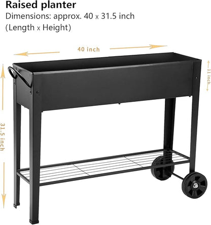 Piksedo Raised Garden Bed, Elevated Planter Metal Plant Box with Wheels with Legs Standing Garden Stand Drainage Holes Frosted Black