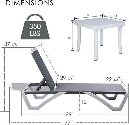 Kozyard Outdoor Chaise Lounge Chair, Full Flat Adjustable Patio Lounger with Aluminum Frame & Resin Legs, Textilene Fabric for Poolside, Backyard & Beach (Gray, Chair with Table)