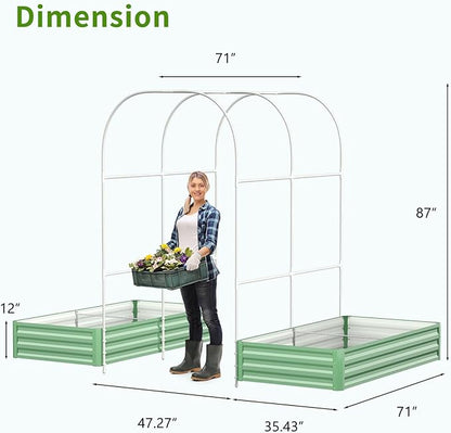 DoCred 3 in 1 Raised Garden Bed with 87in Tall Arch Trellis for Climbing Plants, Galvanized Planter Garden Box Outdoor for Gardening, Climbing Vegetables, Flower, Green