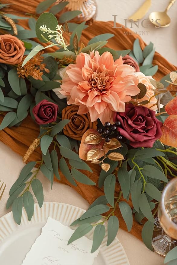 Artificial Flower Garland, 6 Ft Eucalyptus Willow Leaf, Terracotta Orange