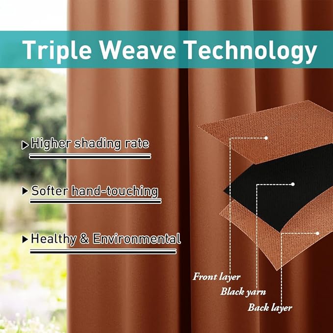 NICETOWN Outdoor Curtain Top and Bottom Fixed Grommet, Thermal Insulated Weighted Vertical Drape Blackout Heavy Weight Windproof Outdoor Drapery, Burnt Orange, 52 by 108 inches,1 Piece