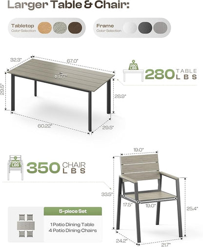 Outdoor Dining Set for 4, Aluminum Patio Table and Chairs Set with Umbrella Hole, 5 Piece HDPS Outdoor Furniture Set for Patio, Garden (Gray)