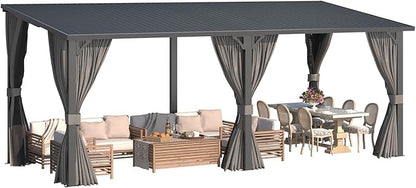 AECOJOY 20'x8' Outdoor Hardtop Metal Gazebo with Curtains and Netting for Patio, Large 8x20 Lean to Heavy Duty Wall Mounted Pergolas and Grill Gazebos Clearance, Patio Steel Roof Awnings for Decks
