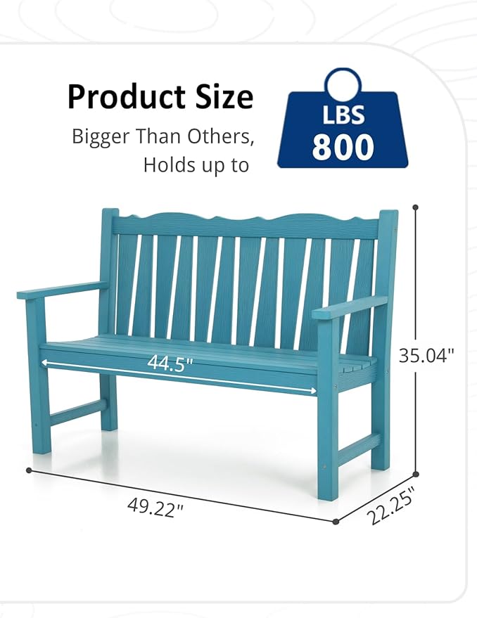 Outdoor Bench, Lake Blue HIPS Poly Lumber, 800 lb Capacity