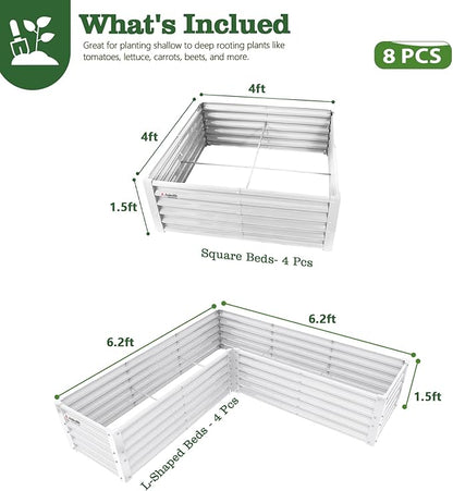 A ANLEOLIFE Set of 8, 18 Inch Tall Antique White Raised Garden Beds Kit, L-Shaped & Square Metal Planters – Ideal for Structured Backyard Layouts