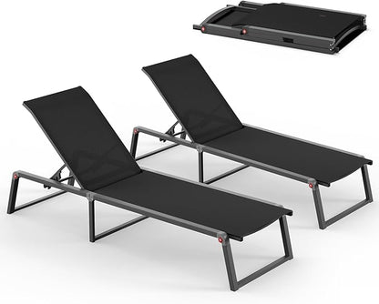 Aluminum Chaise Lounge Outdoor Set of 2, Foldable & Assembly Free Patio Pool Lounge Chairs 5-Position Recliner for Outside Poolside, Fully Grounded Legs Sun Lounger for Beach, Yard, Black